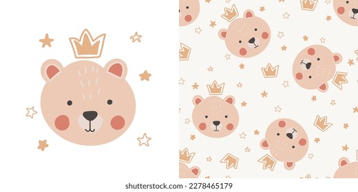 Set Little bear princess with crown seamless pattern. Cartoon. Funny baby print. Cute animal. Creative nursery wallpapers. Boho style.