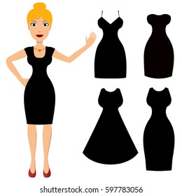 Set of little black dresses, isolated on white. Cartoon blonde girl in party dress. Flat style vector illustration of full body detailed character
