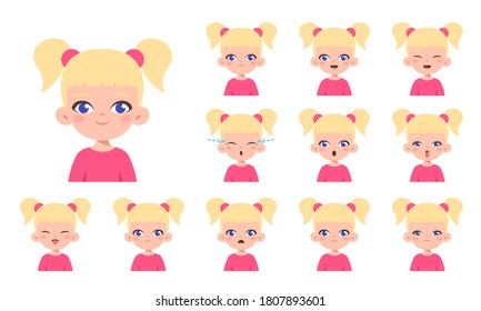 Set of little blonde girl with different facial expressions. Collection girl emotions face. Cartoon character design. Happy, smile, angry, sad, crying, offended. Vector isolated on white background