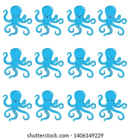 Set of little blue octopus showing various emotions and actions. Cartoon characters of marine creatures. d