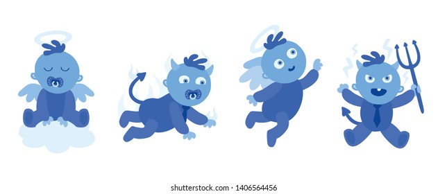 Set of little blue toddlers on white. Good Angel, advisor from heaven with cute wings and Bad Devil character from hell. Evil demon manipulator of parents
Cute Cartoon Vector Illustration Collection.