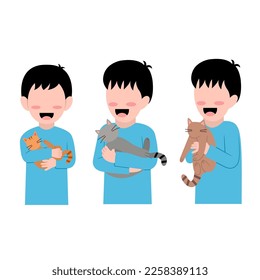 Set Of Little Boy With A Cat Illustration 