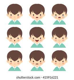 Set of little boy with different emotions isolated on white background. Face expression vector illustration. 