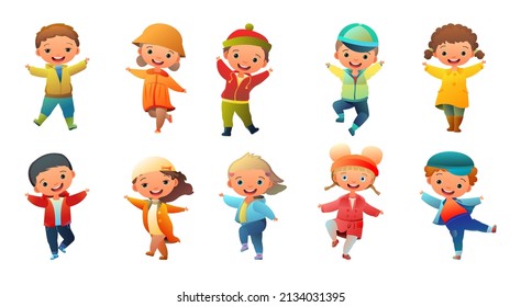 Set Of Little Boy And Little Girl Preschooler. Person In Autumn Clothes. Cute Child. Cheerful Funny Kid. Baby Joy. Cartoon Style Illustration. Flat Design. Isolated On White Background. Vector.