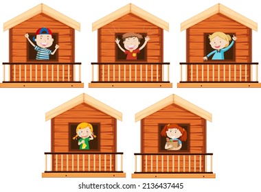 Set of Little boy and girl standing by the window illustration