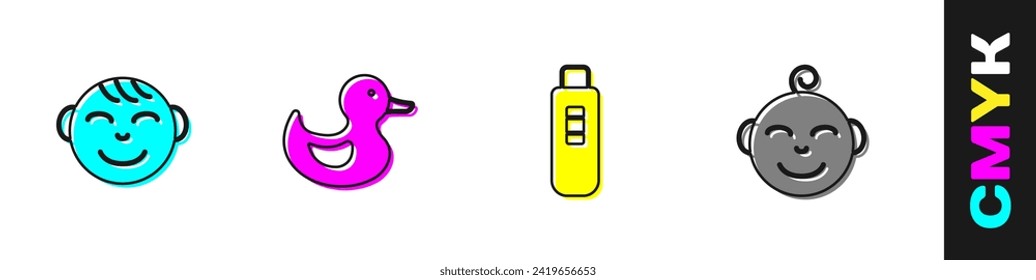 Set Little boy head, Rubber duck, Pregnancy test and  icon. Vector