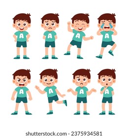 Conjunto de Niños Pequeños Pose Niños con Diversos Objetos de Elemento Aislado de Actividad. Niña llorando, bailando, triste, niño enojado, pensando y matón. Ilustración vectorial de iconos de estilo plano