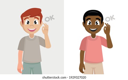 Set little boy kid showing okay gesture