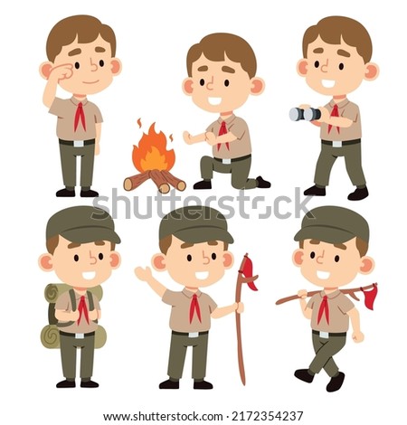 Set of little Boy in uniform learning survival in wild. boy scout do nature explorers and adventurers build camp. put up tent or light a fire in cartoon characters, Vector illustration