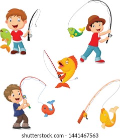 Set of little boys fishing