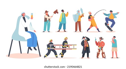 Set of Little Boys Fun, Recreation and Games. Children Characters Playing Activities. Kids Jew, Cowboy, Knight, Fisherman, Fireman, Sheriff, Skater, Brushing Teeth. Cartoon People Vector Illustration