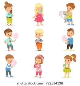 Set of little boys and girls drinking cocktails and eating sweets