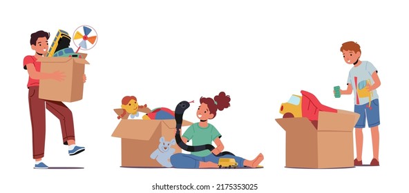 Set Little Boys and Girls Playing with Toys, Children Character Taking Play Things from Big Carton Box Isolated on White Background. Infant Sparetime, Fun or Game. Cartoon People Vector Illustration