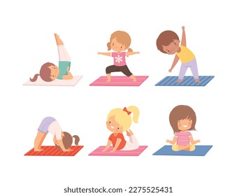 Set of little boys and girls practicing different asanas. Early development and healthy lifestyle cartoon vector illustration