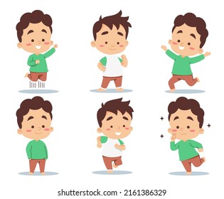 Set of little boys various poses and emotions in cartoon charactor isolated on white background, vector illustration