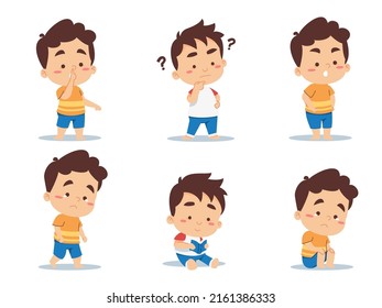 Set of little boys various poses and emotions in cartoon charactor isolated on white background, vector illustration