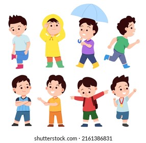 Set of little boys various poses and emotions in cartoon charactor isolated on white background, vector illustration
