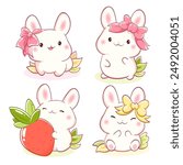 Set of little bunny in kawaii style. Tiny baby rabbits in multiple poses. Cute rabbit expression sheet collection. Can be used for t-shirt print, sticker, greeting card. Vector illustration EPS8