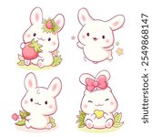 Set of little bunny in kawaii style. Tiny baby rabbits in multiple poses. Cute rabbit expression sheet collection. Can be used for t-shirt print, sticker, greeting card. Vector illustration EPS8