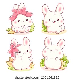 Set of little bunny in kawaii style. Tiny baby rabbits in multiple poses. Cute rabbit expression sheet collection. Can be used for t-shirt print, sticker, greeting card. Vector illustration EPS8