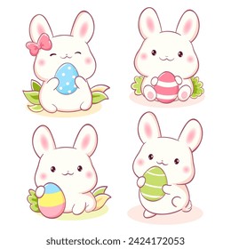 Set of little bunny in kawaii style. Tiny baby rabbits with Easter eggs. Cute Easter rabbit collection. Can be used for t-shirt print, sticker, greeting card. Vector illustration EPS8