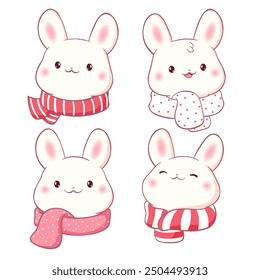 Set of little bunny in kawaii style. Winter holiday set with tiny baby rabbits in scarves. Cute rabbit expression sheet collection. Can be used for t-shirt print, sticker, greeting card. Vector EPS8