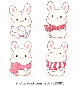 Set of little bunny in kawaii style. Winter holiday set with tiny baby rabbits in scarves. Cute rabbit expression sheet collection. Can be used for t-shirt print, sticker, greeting card. Vector EPS8