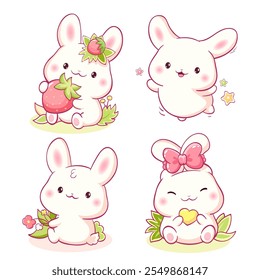 Set of little bunny in kawaii style. Tiny baby rabbits in multiple poses. Cute rabbit expression sheet collection. Can be used for t-shirt print, sticker, greeting card. Vector illustration EPS8