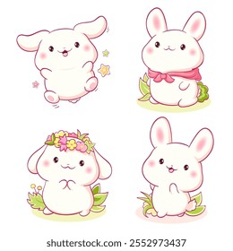 Set of little bunny in kawaii style. Tiny baby rabbits in multiple poses. Cute rabbit expression sheet collection. Can be used for t-shirt print, sticker, greeting card. Vector illustration EPS8