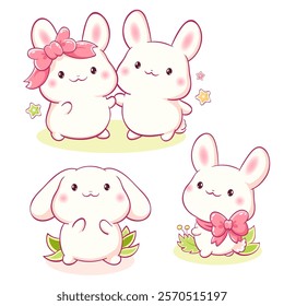 Set of little bunny in kawaii style. Tiny baby rabbits in multiple poses. Cute rabbit expression sheet collection. Can be used for t-shirt print, sticker, greeting card. Vector illustration EPS8