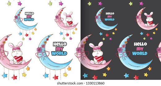 Set. Little Bunny pattern set. Bunny Rabbit pattern. Seamless Pattern animal-vector
