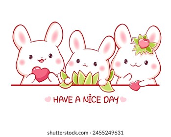 Set of little bunny with pink heart in kawaii style. Easter collection of Cute rabbit. Childish print with tiny baby rabbits for t-shirt print, sticker, greeting card design. Vector illustration EPS10