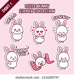 Set Of Little Bunny Sticker Collection. Kawaii Cute Cartoon Character Design. Hello, Love, Sorry, Thank You, LOL, Cry Emoticon.