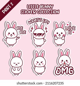 Set Of Little Bunny Sticker Collection. Kawaii Cute Cartoon Character Design. Bye, Whats Up, Sad, Angry, OMG 