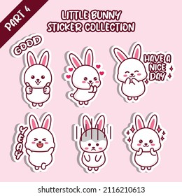 Set Of Little Bunny Sticker Collection. Kawaii Cute Cartoon Character Design. Good, Love, Have A Nice Day, Yeay, Sad, Excited Emoticon.