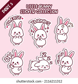 Set Of Little Bunny Sticker Collection. Kawaii Cute Cartoon Character Design. Please, Thanks, Angry, OK, Sleep, Confuse Emoticon.