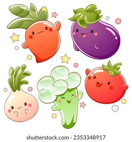 Juego de zanahoria, berenjena, tomate, cebolla, brócoli al estilo kawaii. Pequeñas verduras en poses múltiples. Se puede usar para imprimir camisetas, pegatinas, diseño de tarjetas de felicitación. Ilustración del vector EPS8