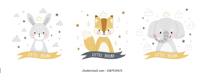 Set of little cartoon elephant, fox and bunny characters. Vector illustration of baby elephant, fox and bunny on white background for nursery room decor, posters, greeting cards and party invitations