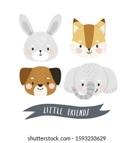 Set of little cartoon elephant, fox, puppy and bunny characters. Vector illustration set of baby animals for nursery room decor, posters, greeting cards and party invitations