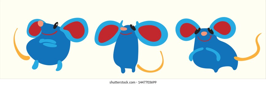 Set of little cartoon mice. The animal of the Chinese zodiac. Hand drawn vector illustration.