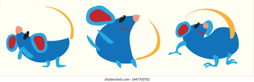 Set of little cartoon mice. The animal of the Chinese zodiac. Hand drawn vector illustration.