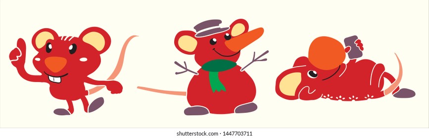 Set of little cartoon mice. The animal of the Chinese zodiac. Hand drawn vector illustration.