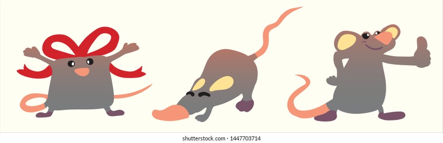 Set of little cartoon rat. The animal of the Chinese zodiac. Hand drawn vector illustration.