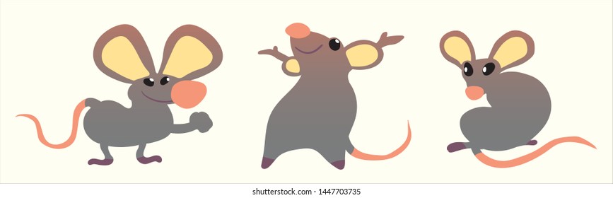 Set of little cartoon rat. The animal of the Chinese zodiac. Hand drawn vector illustration.