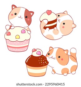 Set of little cats with desserts in kawaii style. Collection of cute kitten with cake, muffin and cupcake with whipped cream and berry. Vector illustration EPS8 