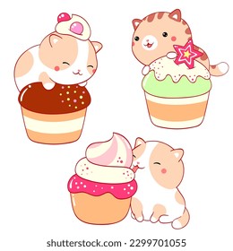 Set of little cats with desserts in kawaii style. Collection of cute kitten with cake, muffin and cupcake with whipped cream and berry. Vector illustration EPS8 