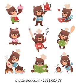 A set of little chef bears. The cartoon animals have fun preparing sweets and desserts.