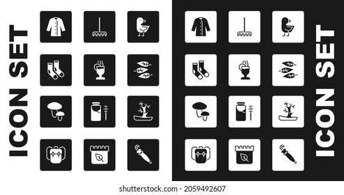 Set Little chick, Mulled wine, Socks, Raincoat, Leaf or leaves, Garden rake, Bare tree and Mushroom icon. Vector