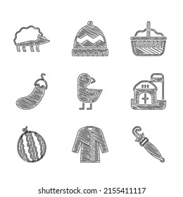 Set Little chick, Raincoat, Umbrella, Farm house, Watermelon, Eggplant, Basket and Hedgehog icon. Vector