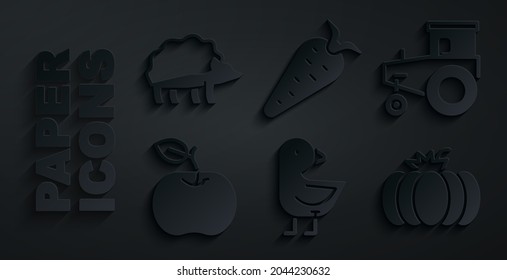 Set Little Küken, Traktor, Apple, Pumpkin, Carrot und Hedgehog Symbol. Vektorgrafik